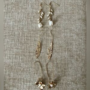 Set of 3 Gold Pearl, Feather and Flower Drop Earrings  - Banana Republic
